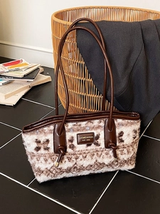 Fashion jacquard plush tote bag with vintage patterns and brown leather straps