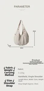 Detailed size parameters of the beige pleated cloud tote bag with strap height measurements