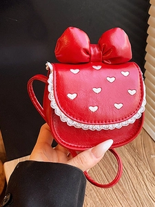 Women Kids Sweet Mini Crossbody Bag PU Leather Heart Embroidery Bow Lace Trim Small Shoulder Handbag Gift
