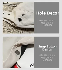 Detail of nylon shoulder bag featuring metal eyelets and a secure magnetic snap closure