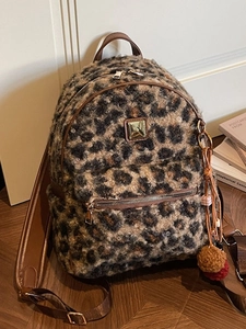 Leopard Print Plush Fashion Backpack For Women Faux Fur School Bag With Charm Large Capacity Travel Bag Student Bookbag