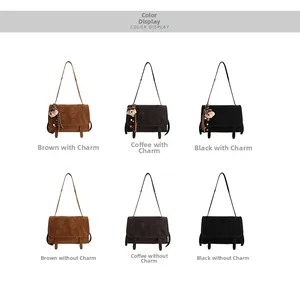 Detailed grid of vintage messenger bags in brown, coffee, and black with optional charms