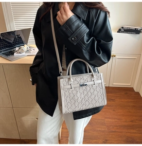 Detail of grey textured handbag with embossed bear pattern and silver twist lock closure