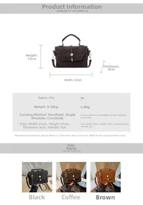 Detailed size chart for retro PU leather flap handbag with 20x13x8cm dimensions