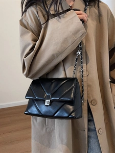 Schwarze Stepptasche mit Kette und silberner Schließe, getragen über einem Trenchcoat