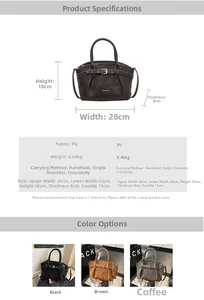 Size specifications and colors for the PU leather bucket bag with handle and strap