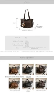 Size chart showing large capacity PU tote dimensions with adjustable shoulder strap details
