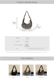 Detailed size chart and specifications for the sequined crescent shoulder bag with strap