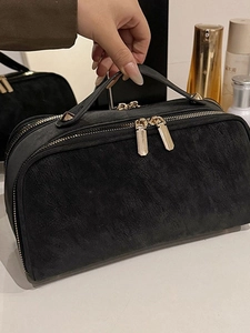 Grande Trousse de Maquillage en Cuir PU pour Femmes Organisateur de Toilette de Voyage Portable Avec Poignée Double Fermeture Éclair Dorée