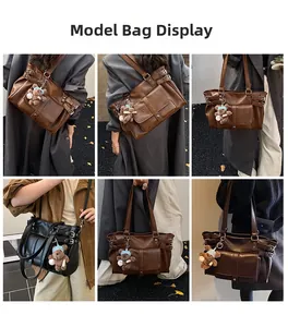 Detailed views of a large retro tote bag with teddy charm on model in various poses