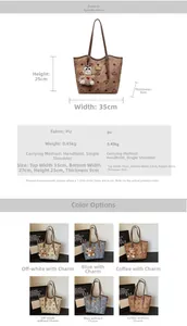 Detailed view of PU tote bag dimensions and various color options with bear charm