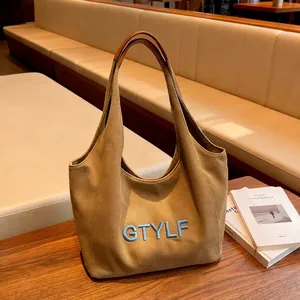 Women Large Capacity Canvas Tote Bag With Leather Handle Letter Embroidery Casual Shoulder Bag For Daily School Commute