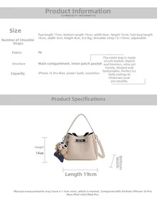 Detail view of beige PU leather bucket bag with dimensions 19x8x14cm and interior layout