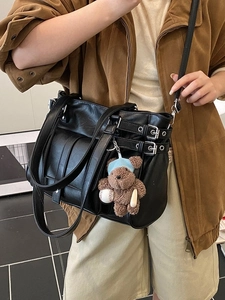 Retro black faux leather large tote bag with silver buckles and plush bear charm