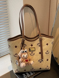 Women's Large Capacity Tote Bag Retro Letter Embroidery Shoulder Bag With Plush Bear Charm Casual Daily Canvas PU Handbag