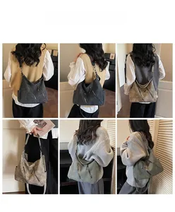 Vues détaillées du grand sac cabas vintage en plusieurs couleurs porté par des modèles