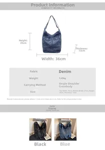 Detailed size specification chart for denim tote bag showing dimensions and specifications