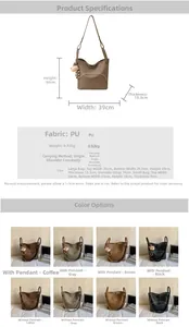 Detailed size and dimension chart for the large PU leather bucket tote bag and inner pouch