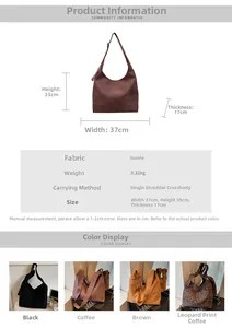 Detailed size specifications and color options for the large suede tote bag