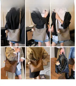 Lifestyle shots showing large retro tote bag with teddy charm on different outfits