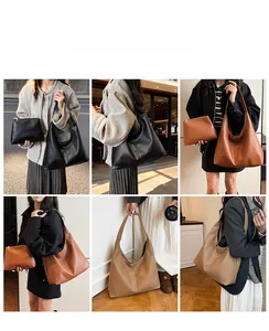 Detail view of large capacity tote bag with matching pouch in three stylish colors