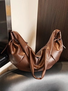Retro dark brown oversized croissant bag with soft pleated PU leather and metal clasp