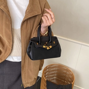 Mini black lychee leather briefcase with gold metal clasp and double top handles