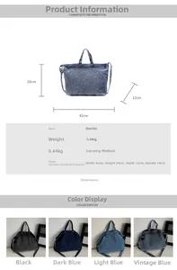 Spécifications de taille et options de couleurs pour ce sac cabas en jean avec mesures