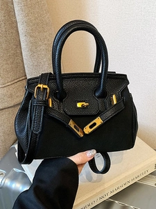 Women Retro Litchi Pattern PU Leather Handbag Elegant Metal Lock Top Handle Bag Adjustable Shoulder Strap Casual Office Crossbody Bag