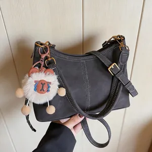 Retro PU Leather Bucket Crossbody Bag With Contrast Stitching And Plush Charm Vintage Shoulder Bag For Women Daily Casual Handbag