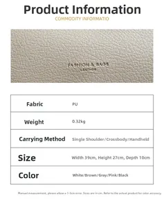Detailed size chart and specifications for the large capacity PU leather tote bag