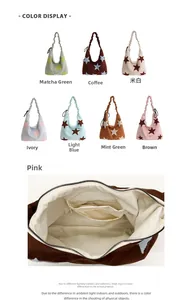 Detail of star pattern tote bag in seven colors with spacious interior and zip pocket