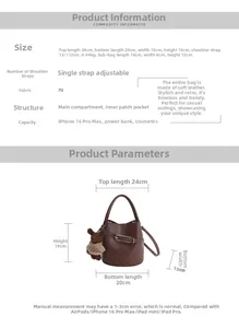 Tableau des tailles détaillé pour sac seau minimaliste avec dimensions et guide de capacité