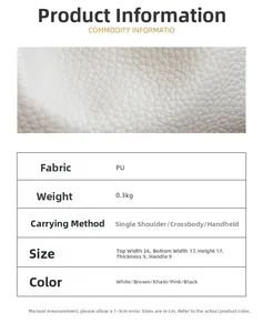Detailed size chart for the PU leather bucket bag with dimensions and material info