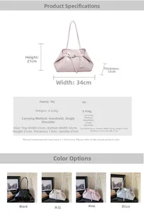 Detailed size guide and material specs for the large capacity PU shoulder tote bag
