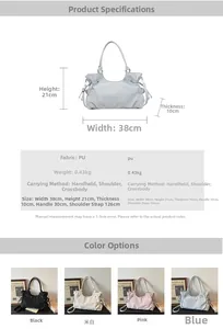 Detailed size chart and multi-color options for large PU leather tote bag with drawstrings