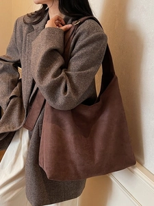 Brown vintage faux suede hobo bag large capacity shoulder tote bag for women