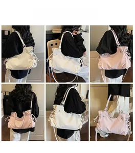 Detailed multi-angle views of women's tote bag showing side drawstring texture details