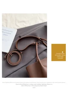 Close-up of brown litchi pattern leather shoulder straps and round handbag handle