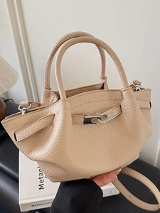Mode Femmes Cuir PU Motif Litchi Sac Seau Minimaliste Sac Bandoulière Avec Boucle en Métal Argent Petit Sac à Main Cabas