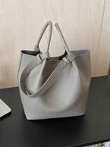 Fashion Litchi Texture PU Leather Bucket Bag For Women Large Capacity Shoulder Bag With Small Pouch Commute Tote Bag