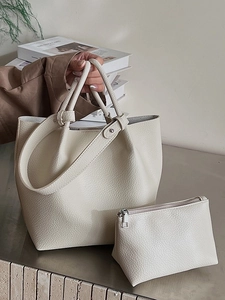 Minimalist beige bucket tote bag and small pouch set in lychee pattern leather