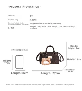 Detailed dimensions and scale of brown PU leather handbag with plush bear charm
