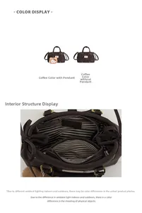 Detail of dark brown leather handbag showing striped lining and zipper compartment