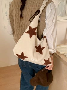 Star pattern plush tote bag with ruched shoulder strap for casual daily use