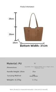 Detailed size chart for retro PU leather tote bag with dimensions and shoulder strap length
