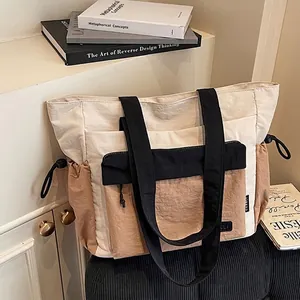 Women Large Capacity Color Block Tote Bag Casual Nylon Shoulder Bag For College School Students Multi Pocket Travel Handbag