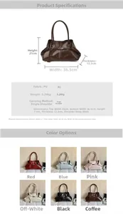 Detailed size chart and multi-color options for lightweight PU leather tote bag