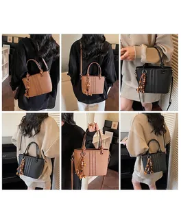 Collage of leather bucket bags in brown and black with ethnic bead tassel detail