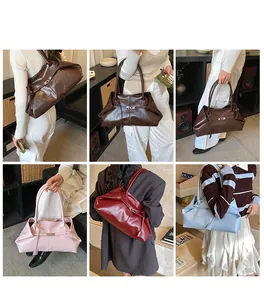 Collage of chic pleated tote bags in multiple colors shown on models for style and scale